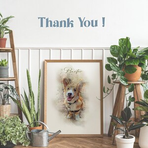 Puede incluir: Una pintura de acuarela de un perro corgi llamado Baxter. El perro es marr&oacute;n y blanco con una expresi&oacute;n feliz. La pintura est&aacute; enmarcada en un marco de madera marr&oacute;n claro.