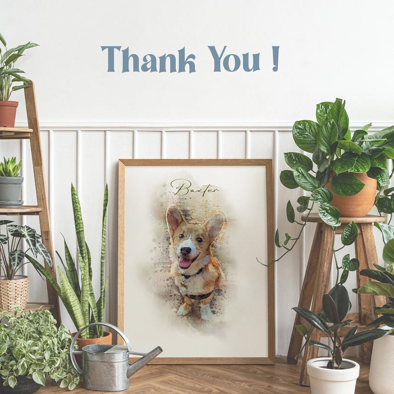 Puede incluir: Una pintura de acuarela de un perro corgi llamado Baxter. El perro es marr&oacute;n y blanco con una expresi&oacute;n feliz. La pintura est&aacute; enmarcada en un marco de madera marr&oacute;n claro.