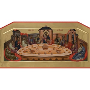 Exquisite Orthodox Icon of the Last Supper of Jesus Christ with His Disciples 19"x9.5"