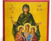 Orthodox Icon of St Sophia and her Children, Faith, Hope, and Love on Poplar Wood