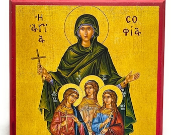 Ícone ortodoxo de Santa Sofia, Fé, Esperança, Amor, Madeira de álamo