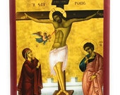 Orthodox Icon of the Crucifixion of Jesus Christ on the Cross with Virgin Theotokos Mary and St John the Beloved Disciple on Poplar Wood