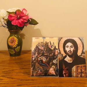 Icona unica del disco acrilico con supporto di 10 grandi feste e Gesù Cristo Pantocratore del Sinai! Ruota le immagini per ogni festa su legno di pioppo