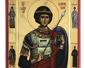 Orthodox Icon of St. George with St. Nectarios, St. Spyridon, St. Demetrius and St. Ephraim of Nea Makri on Poplar Wood