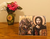 Unique Acrylic disk Icon with Stand of 10 Great Feasts and Jesus Christ Pantocrator from Sinai! Rotate Images for Each Feast on Poplar Wood
