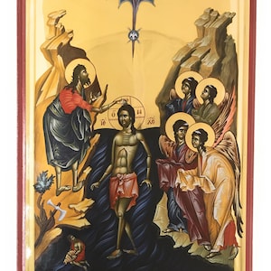 Orthodox Icon of the Baptism of Jesus Christ by St John the Baptist - Theophany Epiphany on Poplar Wood