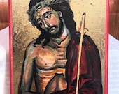 Moving Orthodox Icon of Jesus Christ the Bridegroom of the Church with the Crown of Thorns on Poplar Wood