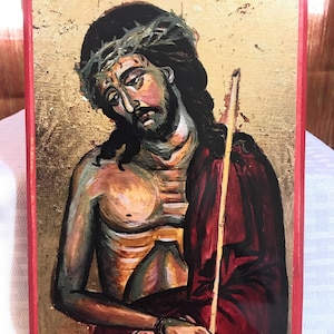Moving Orthodox Icon of Jesus Christ the Bridegroom of the Church with the Crown of Thorns on Poplar Wood