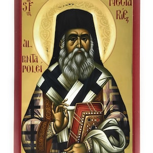 Orthodox Icon of St Nectarios of Aegina on Poplar Wood