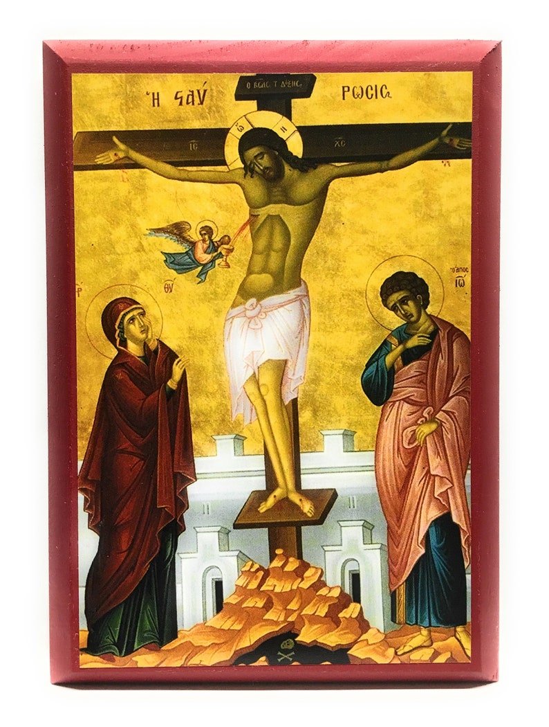 Orthodox Icon of the Crucifixion of Jesus Christ on the Cross with Virgin Theotokos Mary and St John the Beloved Disciple on Poplar Wood image 1