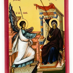 Orthodox Icon of the Annunciation of the Archangel Gabriel to the Holy Virgin Theotokos St Mary on Poplar Wood