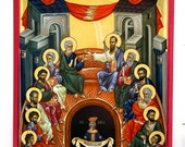 Orthodox Icon of the Pentecost - Descent of the Holy Spirit on the Apostles & Followers of Jesus Christ in the Upper Room on Poplar Wood