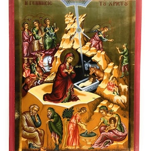Icône orthodoxe de la Nativité de Jésus-Christ dans la crèche de Bethléem en bois de peuplier