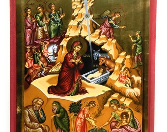 Orthodox Icon of the Nativity of Jesus Christ in the Bethlehem Manger on Poplar Wood
