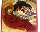 Orthodox Icon of the Holy Theotokos Virgin Mary with Baby Jesus at the Manger in the  - 5.5x5.5" Poplar Wood