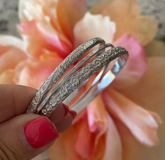 Set of 3 Solid Pure Sterling Silver Floral Decorative Hammered Bracelets100 Sterling Silver Etsy