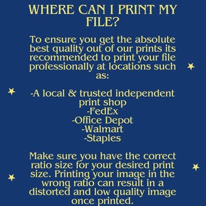 May include: Blue background with yellow stars and white text. The text reads "WHERE CAN I PRINT MY FILE?" and provides information about printing files professionally at locations such as a local print shop, FedEx, Office Depot, Walmart, and Staples. The text also advises to ensure the correct ratio size for the desired print size.