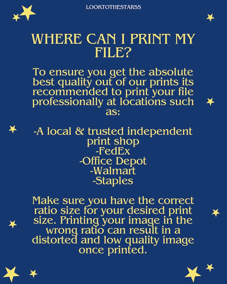 May include: Blue background with yellow stars and white text. The text reads "WHERE CAN I PRINT MY FILE?" and provides information about printing files professionally at locations such as a local print shop, FedEx, Office Depot, Walmart, and Staples. The text also advises to ensure the correct ratio size for the desired print size.