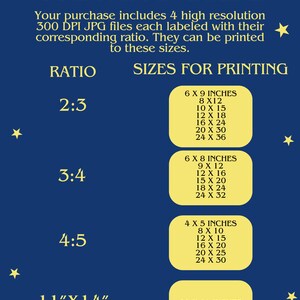 May include: A yellow and blue printable guide with the text "PRINTING GUIDE" and "SIZES FOR PRINTING". The guide lists different aspect ratios and corresponding print sizes in inches. The ratios include 2:3, 3:4, 4:5, and 11" x 14".