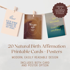 Natuurlijke geboortebevestigingskaarten afdrukbaar, geboortebevestigingsposters, moderne geboortebevestigingskaarten, Hypnobirthing affirmaties, downloaden
