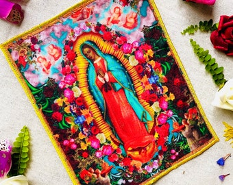 Repasser sur le patch ; Catholique; Extra large Notre-Dame de Guadalupe ; 100 % sergé de coton ; veste, sacs, étui à crayons