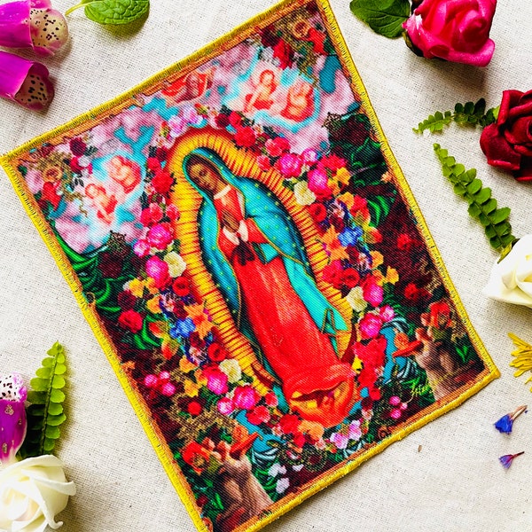 Repasser sur le patch ; Catholique; Extra large Notre-Dame de Guadalupe ; 100 % sergé de coton ; veste, sacs, étui à crayons