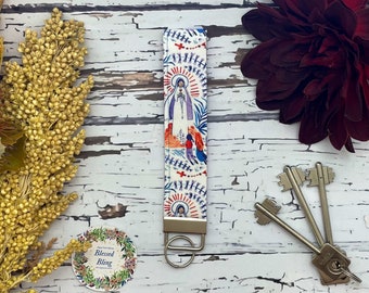 Key lanyard Fob chain ring; Our Lady Of Fatima Large 3.5 cm wide; iPhone, keys, bags, water bottles, silver attachment Organic Cotton