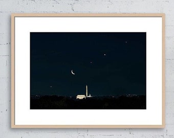 Washington DC Print, Moon Planet Photography, Lincoln Memorial Wall Art, Washington Monument, Crescent Moon Planet Print, DC Skyline Print