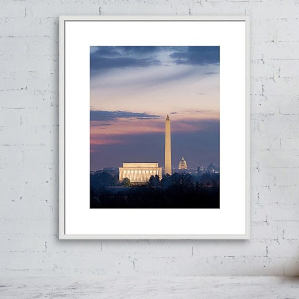 Washington DC Skyline Photo, Lincoln Memorial, Washington Monument, Capitol Dome Print, DC Cityscape Print, Colorful Sunrise Wall Art