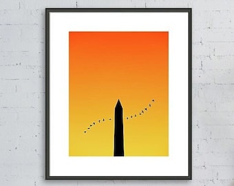 Washington DC Print, Fall Halloween Decor, Washington Monument Photo, Orange Yellow Sunrise Wall Art, Cityscape Silhouette Photo