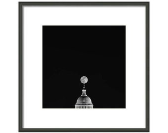 Black and White Washington DC Photo, Capitol Dome Print, Washington DC Print, DC Wall Art, Full Moon Photo, Black White Travel Photography