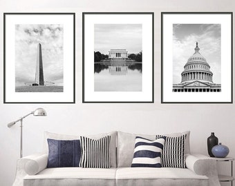 Washington DC Print Set, Black White Washington DC Set of 3 Photos, Capitol Dome Print, Lincoln Memorial Photo, Washington Monument Wall Art