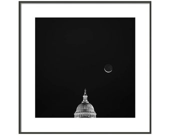 Black White Washington DC Photo, Capitol Dome Print, Washington DC Print, Crescent Moon Wall Art, Black White Cityscape Photo, Travel Photo