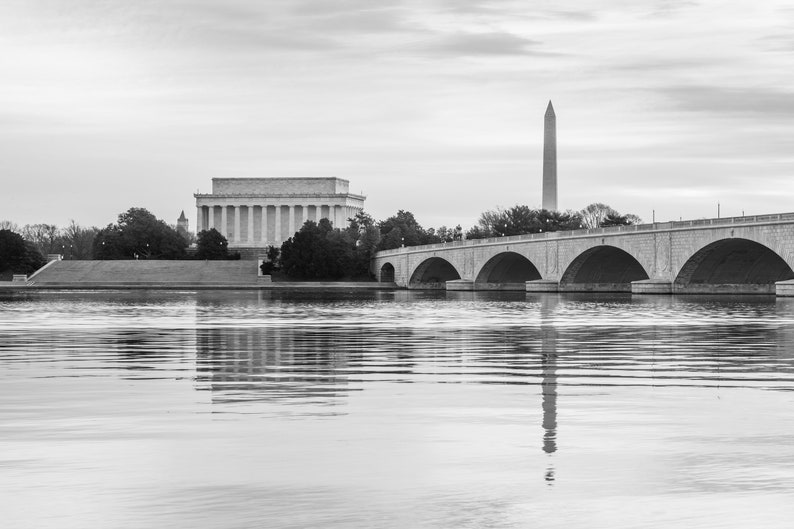 Black and White Washington DC Photography, Washington Monument Print, Lincoln Memorial Wall Art, Washington DC Print, Memorial Bridge Photo image 2