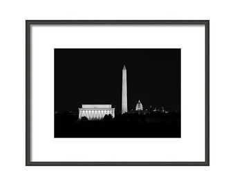 Black White Washington DC Skyline Photo, Washington DC Print, Lincoln Memorial, Washington Monument, Capitol Dome Wall Art, Cityscape Print