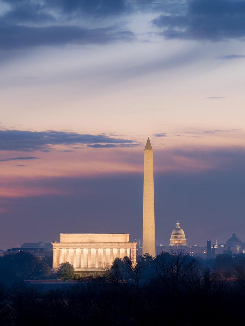 Washington DC Skyline Photo, Lincoln Memorial, Washington Monument, Capitol Dome Print, DC Cityscape Print, Colorful Sunrise Wall Art image 3