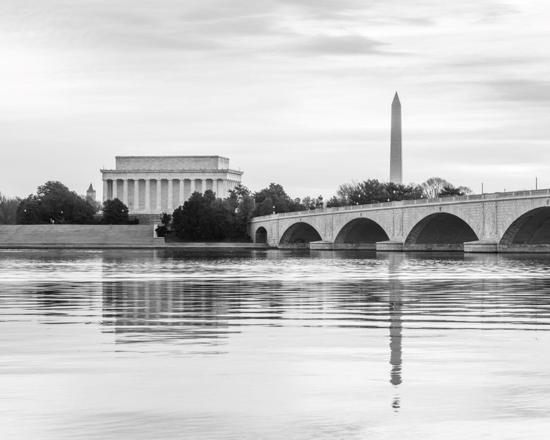 Black and White Washington DC Photography, Washington Monument Print, Lincoln Memorial Wall Art, Washington DC Print, Memorial Bridge Photo image 3