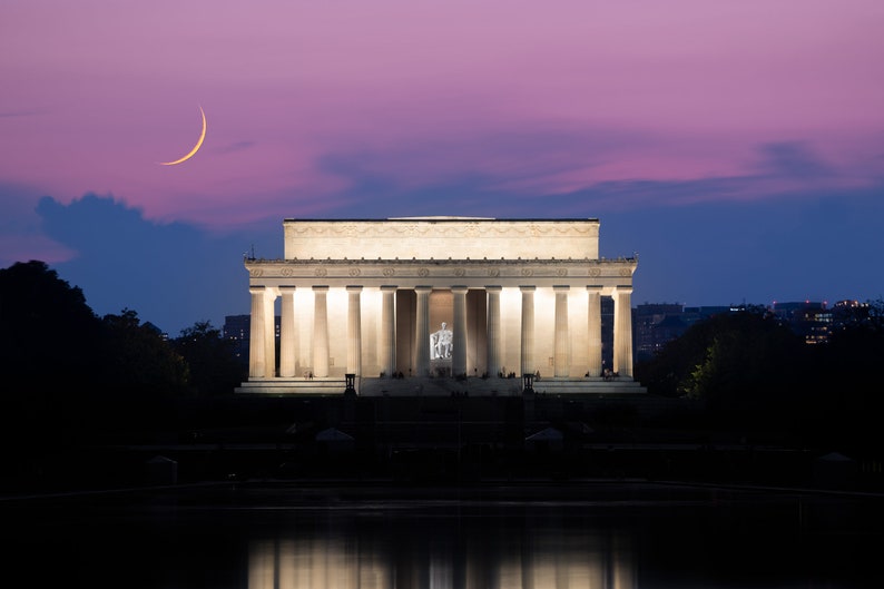 Washington DC Wall Art, Crescent Moon Print, Lincoln Memorial Photo, Washington DC Photography, Lincoln Memorial Print Art, Travel Print Art image 2