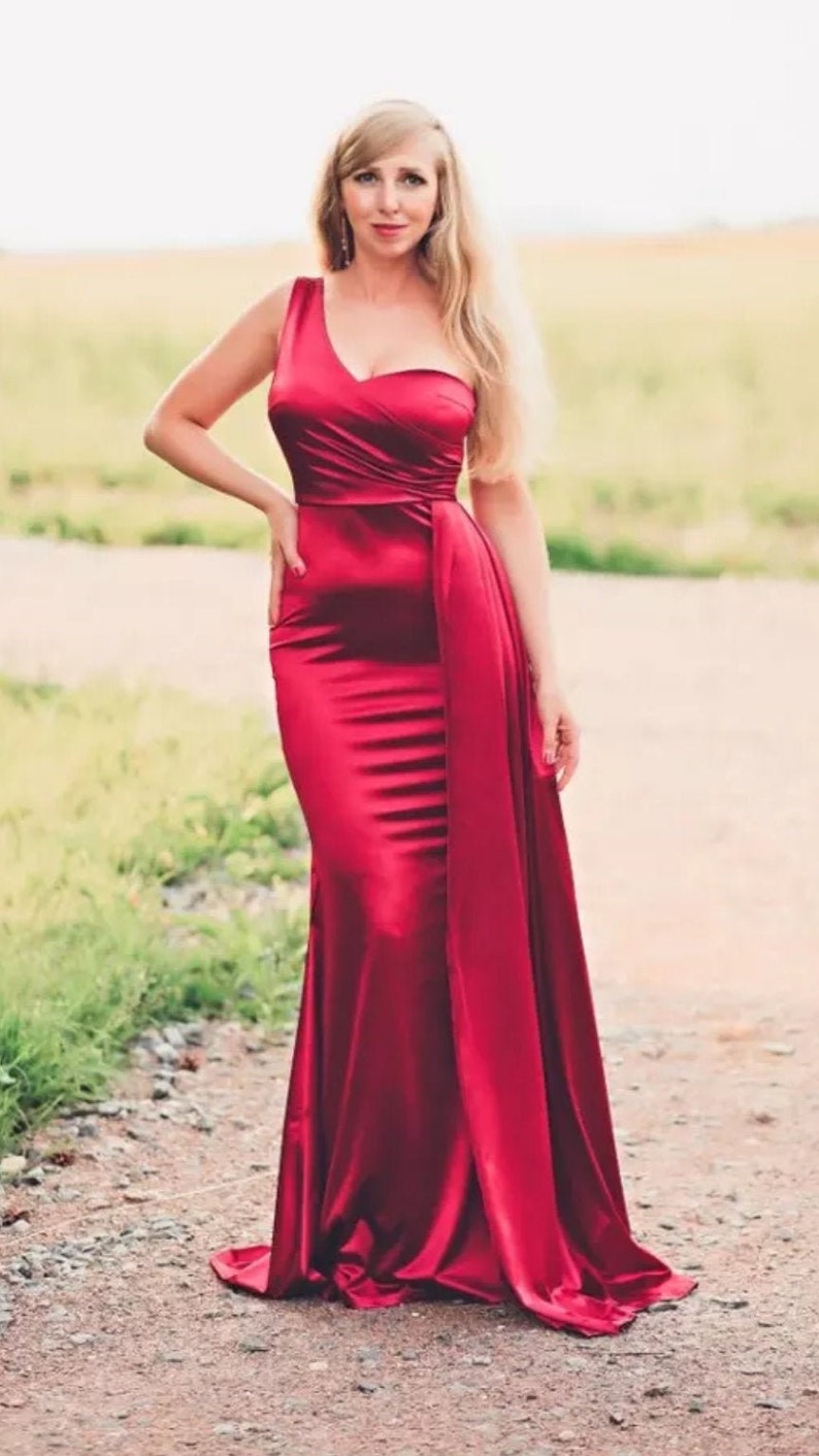 One Shoulder Satin Maxi Prom Dress | Etsy