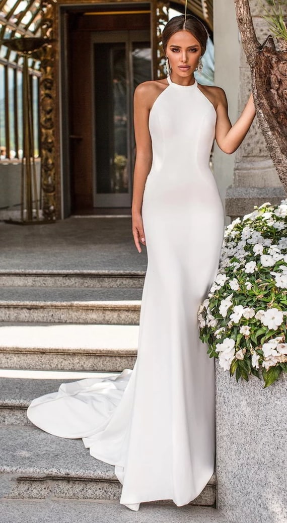 Simple Backless A Line Halter Prom/wedding Dress 