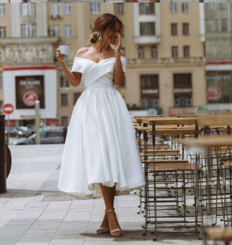 Tea-length Wedding Dress Off the shoulder White Satin A-line image 1