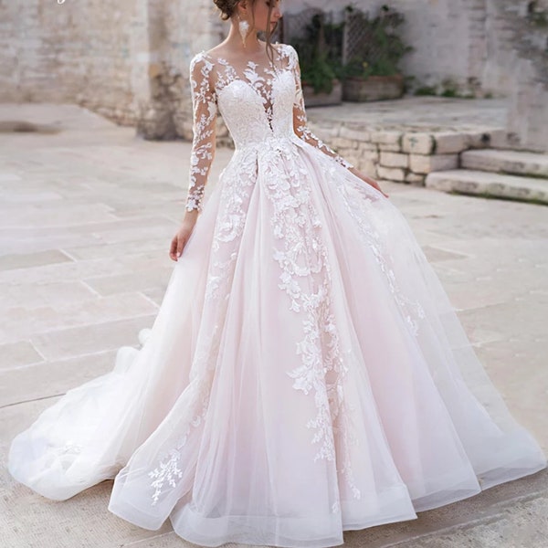 Vestido de novia de encaje de manga larga de princesa floral