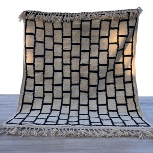 Handwoven Black and White Wool Berber Rug, Morocco Checkerboard Design