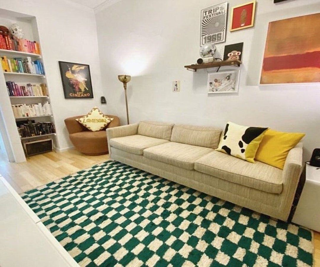 Large Green and White Checkered Rug Moroccan Berber Checker Etsy
