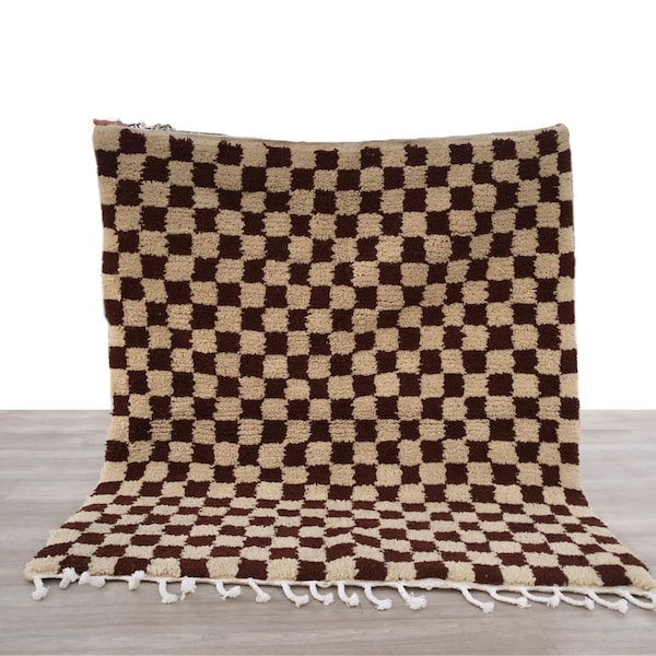 Brown And White Custom Checkered Moroccan rug Beni Ourain, Checker Rug Mat, Checkered Handmade  Area Rug, Brown rug, marron, carpet