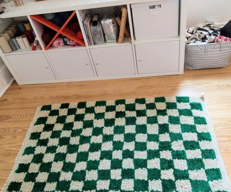 Large Green and White Checkered Rug Moroccan Berber Checker Etsy