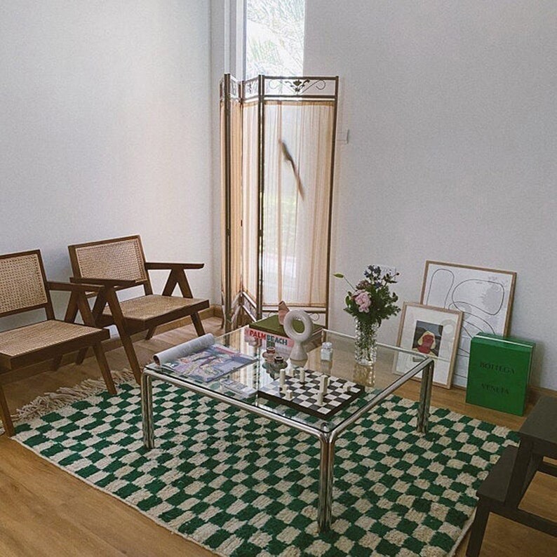 Large Green and White Checkered Rug Moroccan Berber Checker Etsy