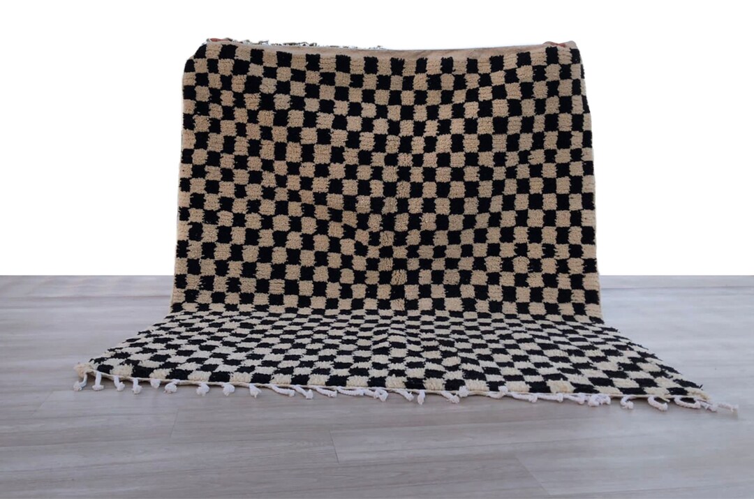Wool Checkered Rug Black and White Checkered Wool Rug, Handmade Moroccan Beni Ourain Rug ...