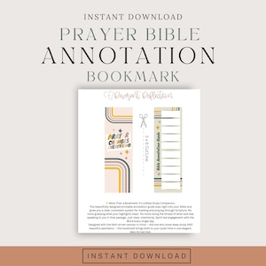 May include: A printable prayer Bible annotation bookmark with the text "Prayer Changes Everything." The design includes a retro color scheme with a cut line and a Bible annotation guide. The words "Instant Download" are at the top and bottom.