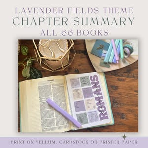 May include: An open book titled Romans with a lavender highlighter resting on the page. The page features a printed summary with text boxes and the word Romans in large purple letters. Nearby are a gold geometric candle holder and stationery.